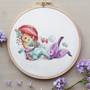 Schema punto croce sirena, schema digitale principessa dell&#39;oceano PDF, schema moderno decorazione murale ragazza del mare, schema ricamo a mano punto croce