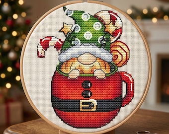 Christmas Gnome Cross Stitch Pattern, Cup Embroidery (Digital PDF)