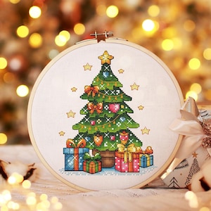Christmas Tree Cross Stitch Pattern PDF, Christmas Gift Cross Stitch, Holiday Joy Hand Embroidery, Christmas Crafts Digital Download