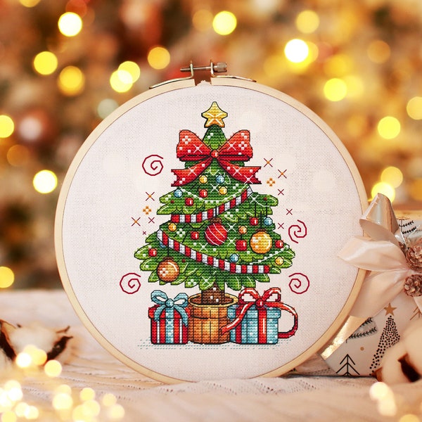 Christmas Tree Cross Stitch Pattern PDF, Christmas Gift Cross Stitch, Holiday Joy Hand Embroidery, Christmas Crafts Digital Download