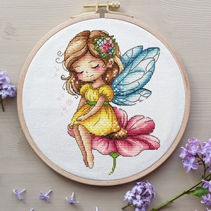 Fairy Cross Stitch Pattern, Fairy On a Flower Cross Stitch, Flowers Fairy Embroidery, Cute Littel Girl Cross Stitch Pattern Digital File PDF