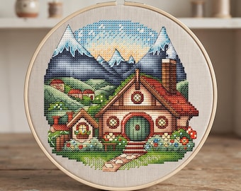 Hobbit House Cross Stitch Pattern, Fantasy Landscape Embroidery (Digital Download)