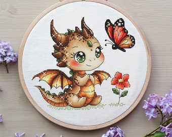 Dragon Cross Stitch Pattern, Gold Dragon with Butterfly Cross Stitch, Fantasy Cross Stitch, Cute Dragon Cross Stitch Pattern PDF