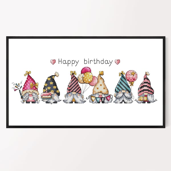 Gnomes Cross stitch pattern PDF, Happy Birthday Cross Stitch, Cute Gnome Embroidery Instant Download File, Birthday Day Decor