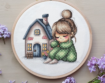 Girl with a House Cross Stitch Pattern, Little Girl Cross Stitch, Spring Flowers Embroidery, Cute Littel Girl Pattern Digital File PDF