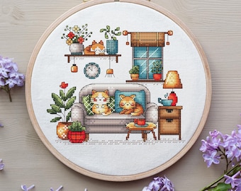 Sleeping cats Cross Stitch Pattern, Animal Counted Cross Stitch, Kawaii Cat, Kitten Cross Stitch Digital File Instant Download PDF
