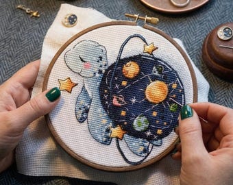Space Turtle Cross Stitch Pattern, Galaxy Tortoise Embroidery, Stars and Planets DIY Needlepoint, Pattern Keeper Compatible PDF Digital File
