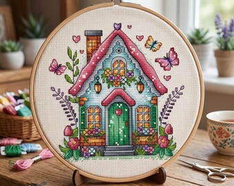 House with Butterflies Cross Stitch Pattern, Spring Decor (PDF File)