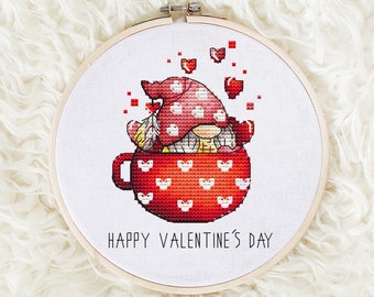 Gnome Cross stitch pattern PDF, Valentine's Gnomes Counted Cross Stitch, Valentines Day Decor, Cute Gnome Embroidery Instant Download File