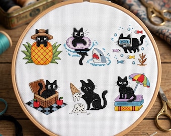 Black Cats Cross Stitch Pattern, Kitten Embroidery Design (PDF Pattern)