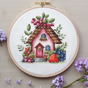 House Cross Stitch Pattern Digital Download, Berry House Embroidery, House with Berries, Spring Decor, Cozy House Pattern PDF