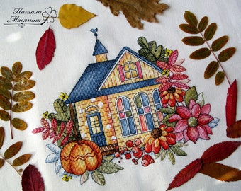 Herfsthuis Cross Stitch Patroon PDF, Herfsthuis Geteld Kruissteek, Bladeren Borduurpatroon, Herfst Decor Ontwerp Digitaal PDF-bestand