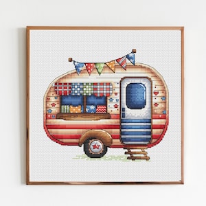 American van Cross Stitch Pattern PDF, American Dream Store Cross Stitch, Patriotic 4th July Embroidery, Cute Care Room Decor