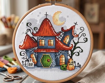 Halloween House Cross Stitch Pattern, Fantasy Autumn Decor (PDF Pattern)