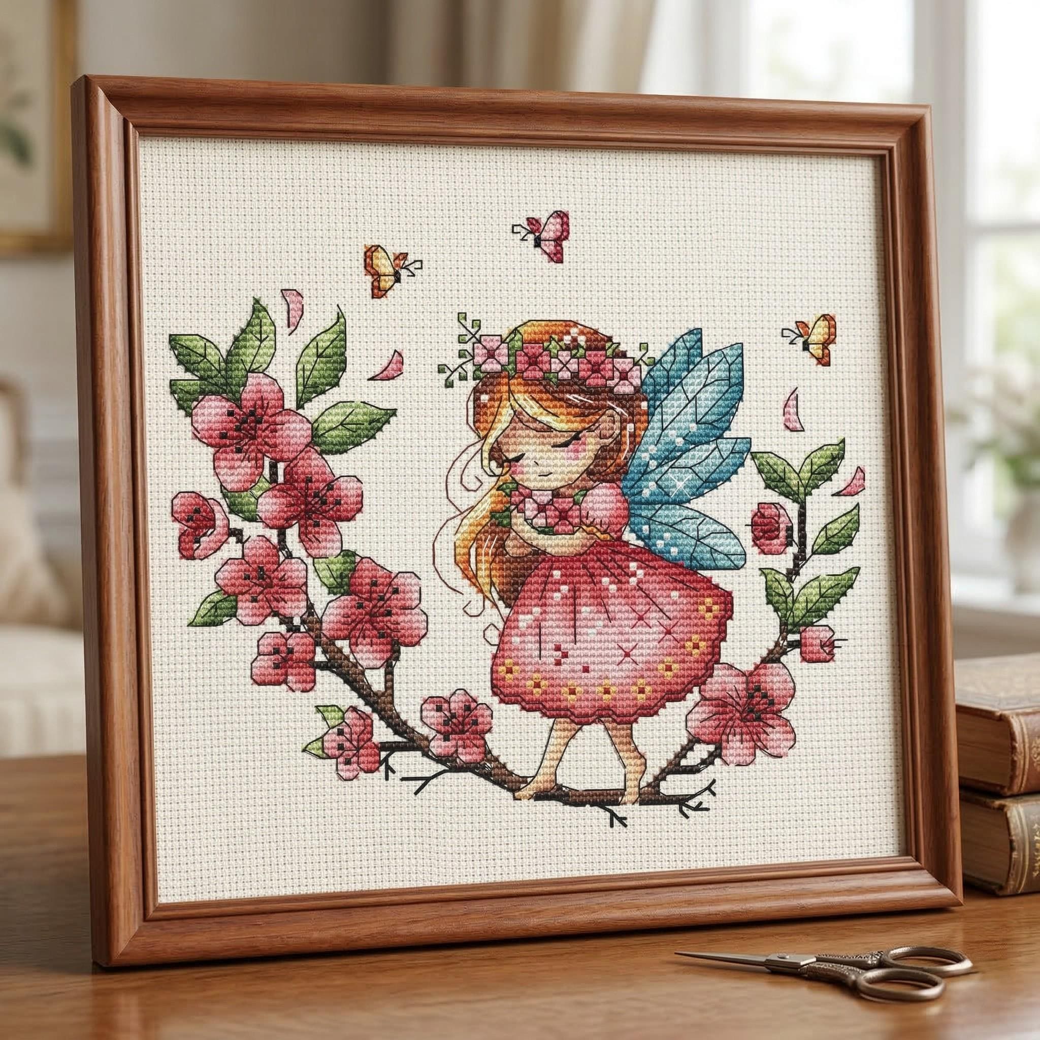 桜の花にとまる妖精のクロスステッチパターン、かわいい女の子の刺繍