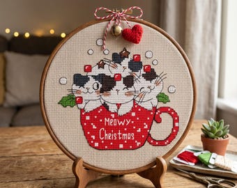 Christmas Kittens Cross Stitch Pattern, Meowy Cat Art (PDF Download)