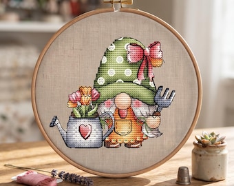 Gnome with Tulips Cross Stitch Pattern, Spring Embroidery, Garden Decor (PDF Download)