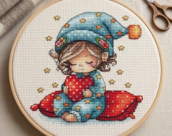 Child with Heart Cross Stitch Pattern, Valentine's Day Decor (Digital File PDF)