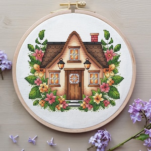 House Cross Stitch Pattern Digital Download, Spring House Embroidery, House with Flowers, Spring Decor, Cozy House Pattern PDF