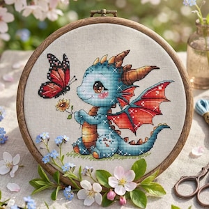 Modèle de point de croix bébé dragon, motif point de croix dragon et papillon (PDF)