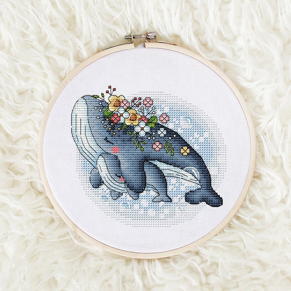Blue Whales Cross Stitch Pattern, Beautiful Ocean Animal Cross Stitch, Sea Ornament, Home Decor, Whale Embroidery Design Instant Download