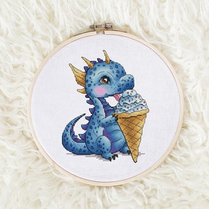 Whimsical Crystal Dragon Cross Stitch Pattern, Majestic Blue Dragon, Cute Icecream Dragon Fire Cozy Pattern, PDF Digital Download Included