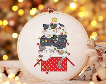 Christmas Kittens Cross Stitch Pattern PDF, Cats Decoration Digital Instant Download, Cat Art Needlepoint Home Decor Funny Christmas Kittens