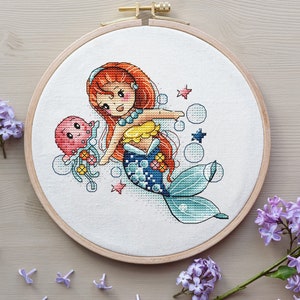 Schema punto croce sirena, schema digitale principessa dell&#39;oceano PDF, schema moderno decorazione murale ragazza del mare, schema ricamo a mano punto croce