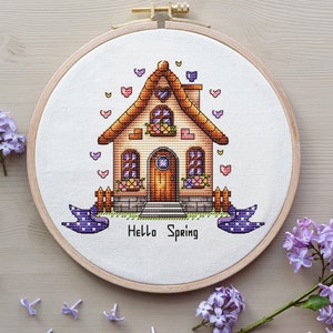 House Cross Stitch Pattern Digital Download, Spring House Embroidery, Spring Decor, Cozy House Pattern PDF