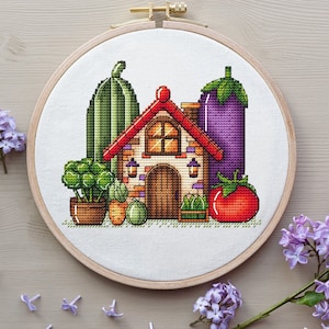 House Cross Stitch Pattern Digital Download, Vegetable House Embroidery, House with Vegetable, Summer Decor, Cozy House Pattern PDF