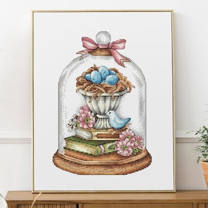 Easter Cross Stitch Pattern PDF, Bird Decor, Flowers Cross Stitch, Cute Nest Cross Stitch, Instant Download, Books Stitch, Egg Cross Stitch