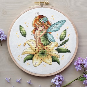 Fairy Cross Stitch Pattern, Fairy On a Lily Cross Stitch, Lily Flowers Embroidery, Cute Littel Girl Cross Stitch Pattern Digital File PDF