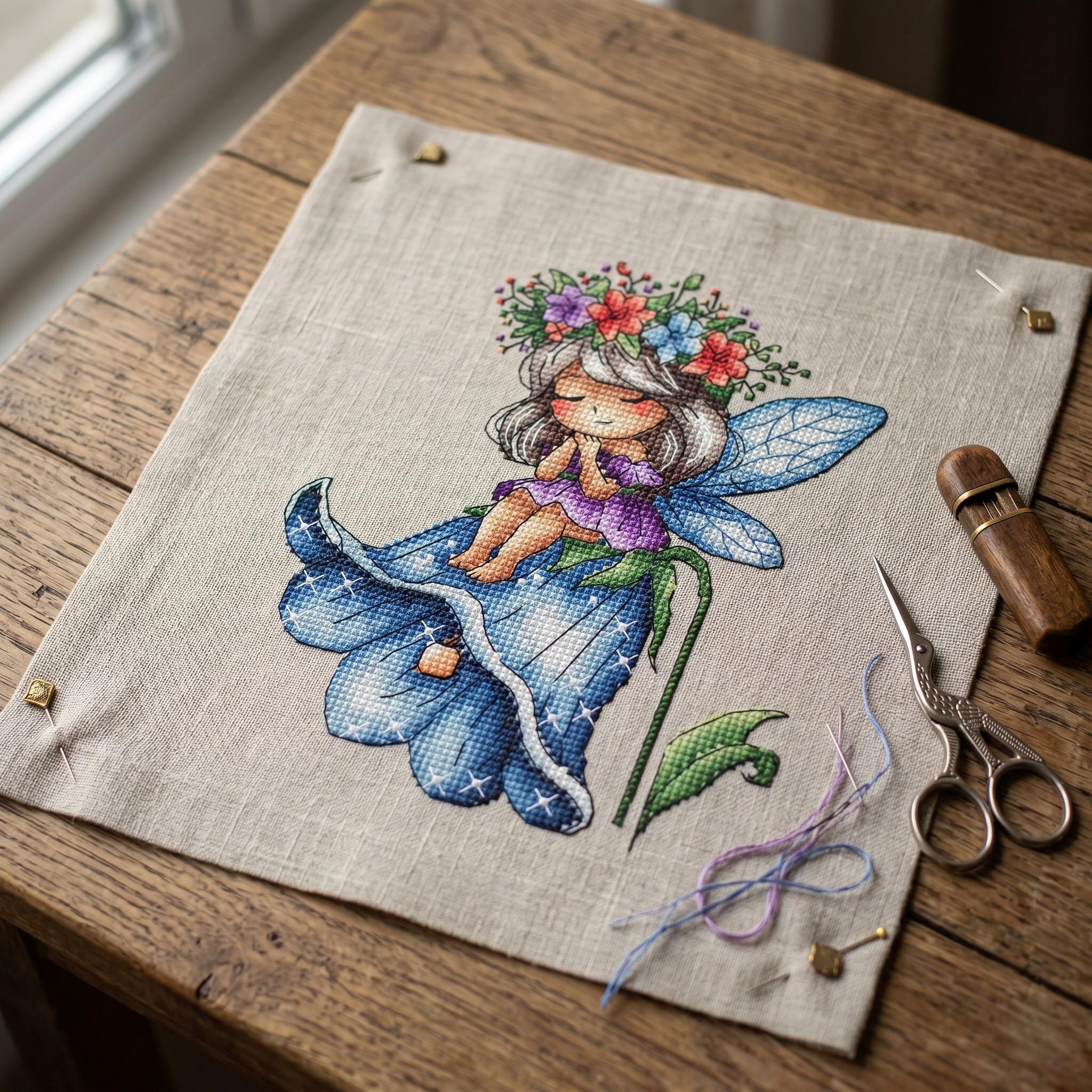 Fairy on Bell Cross Stitch Pattern, Whimsical Girl Embroidery (PDF