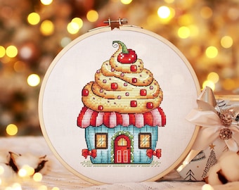 Christmas Cake House Cross Stitch Pattern PDF, Winter house Counted Cross Stitch, Winter Embroidery Digital Pattern PDF