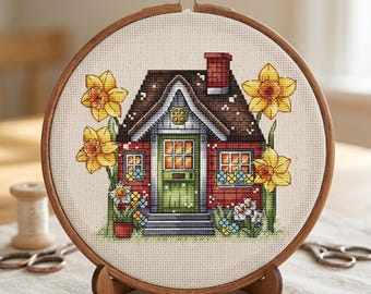 House with Daffodils Cross Stitch Pattern, Spring Embroidery (PDF)
