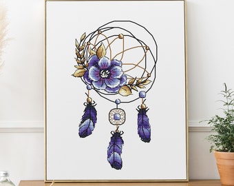 Dreamcatcher Cross Stitch Pattern PDF Instant Download, Flower Counted Cross Stitch, Feathers Pattern Cross Stitch