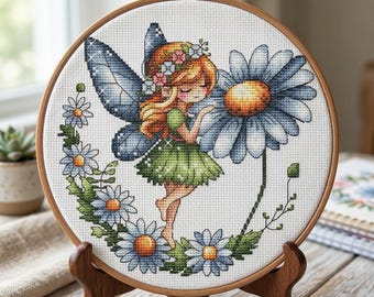 Fairy on Daisy Cross Stitch Pattern, Cute Girl Embroidery (Digital File PDF)