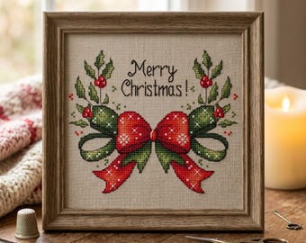 Christmas Ribbon Cross Stitch Pattern, Embroidery Decor (PDF Pattern)