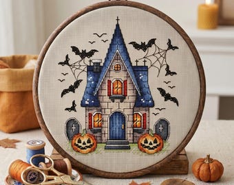 Halloween House Cross Stitch Pattern, Pumpkin Decor (PDF Pattern)