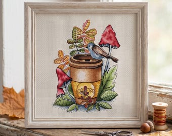 Bird and Coffee Cross Stitch Pattern, Autumn Embroidery (PDF)