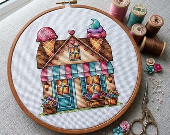 Ice Cream House Cross Stitch Pattern, Summer Embroidery (PDF Pattern)