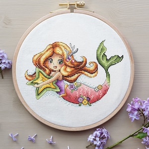 Schema punto croce Sirena, Schema digitale Principessa dell&#39;oceano PDF, Schema decorazione parete moderna Ragazza marina, Grafico ricamo a mano