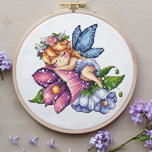 Fairy Cross Stitch Pattern, Fairy On a Bell Cross Stitch, Bell Flowers Embroidery, Cute Littel Girl Cross Stitch Pattern Digital File PDF