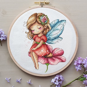 Fairy Cross Stitch Pattern, Fairy On a Flower Cross Stitch, Flowers Fairy Embroidery, Cute Littel Girl Cross Stitch Pattern Digital File PDF