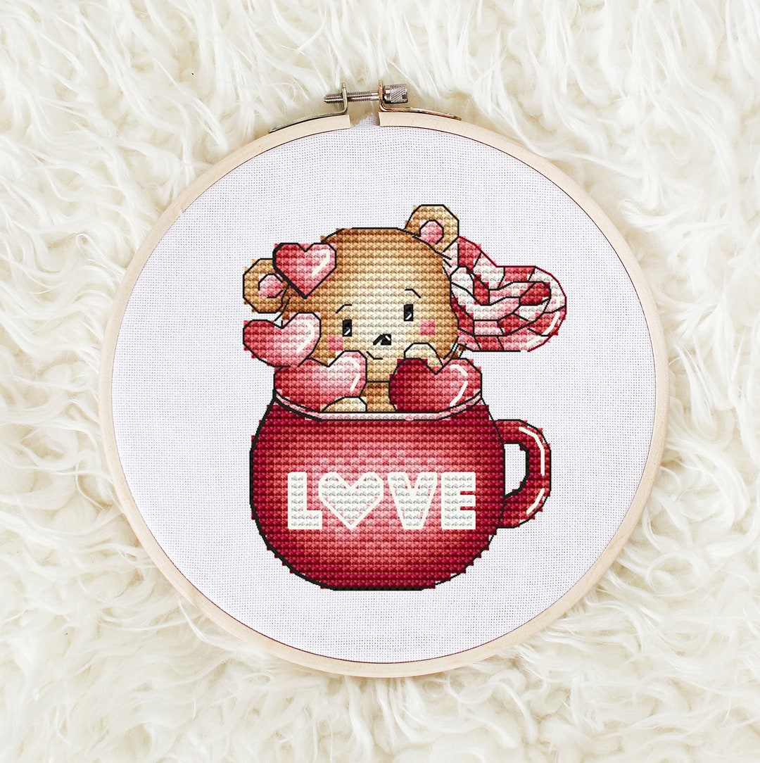 Teddy Cross Stitch Pattern PDF Teddy Bear in a Cup Counted Etsy