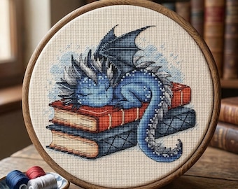 Blue Sleeping Dragon Cross Stitch Pattern, Fantasy PDF