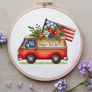 American van Cross Stitch Pattern PDF, American Dream Store Cross Stitch, Patriotic 4th July Embroidery, Cute Care Room Decor PDF
