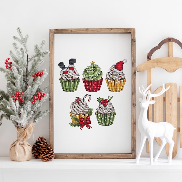 Christmas Cupcakes Set Cross stitch pattern PDF, Cupcake Cross stitch pattern, Dessert Cross stitch pattern PDF, Holiday Cross stitch