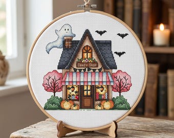 Halloween House Cross Stitch Pattern, Candy Shop, Ghost, Pumpkins (PDF Download)