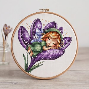 Fairy Sleeping on Crocus Flowers Cross Stitch Pattern (Digital File PDF)
